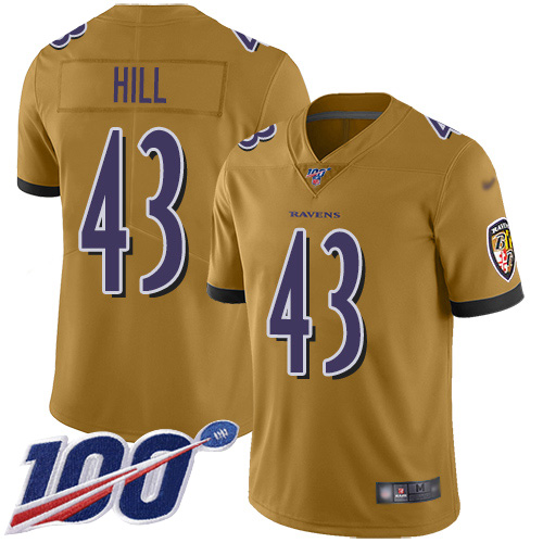 Baltimore Ravens Limited Gold Men Justice Hill Jersey NFL Football #43 100th Season Inverted Legend